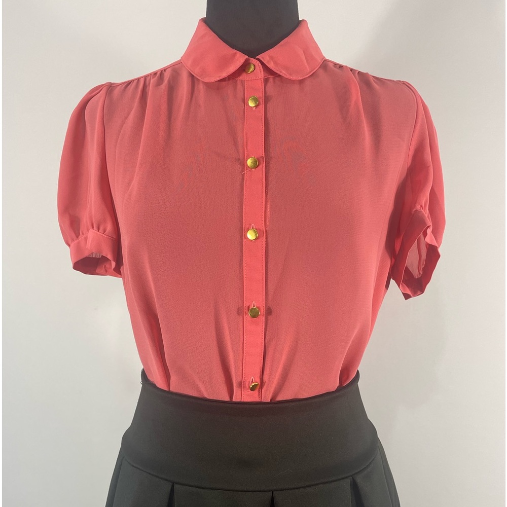 Coral, short sleeve, gold button up shirt,Sheer,bow tie,size Medium - Picture 2 of 9